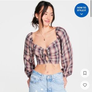 Aeropostale long sleeve plaid double-keyhole crop top